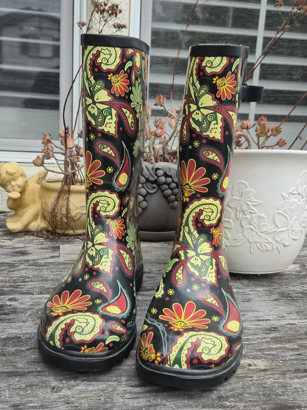 Joules Black Tall Rain Boots with Red, Yellow and Green Paisley Floral Print